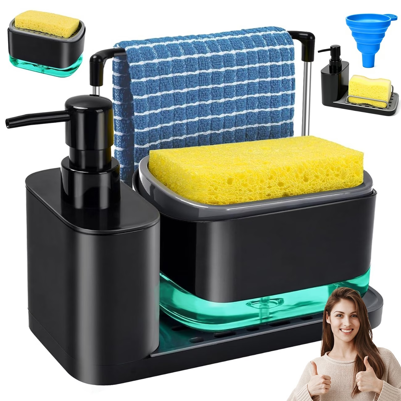 Kitchen sink storage rack, built-in hand sanitizer/detergent distributor