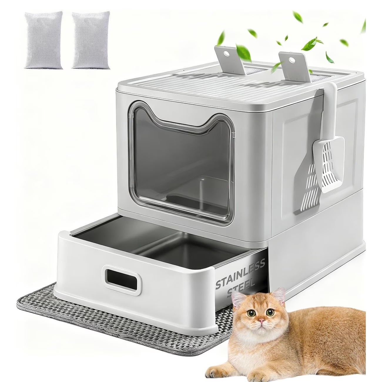 不锈钢封闭式猫砂盆，带顶盖与抽拉底盘，超大号猫厕所，配套猫砂垫与猫砂铲