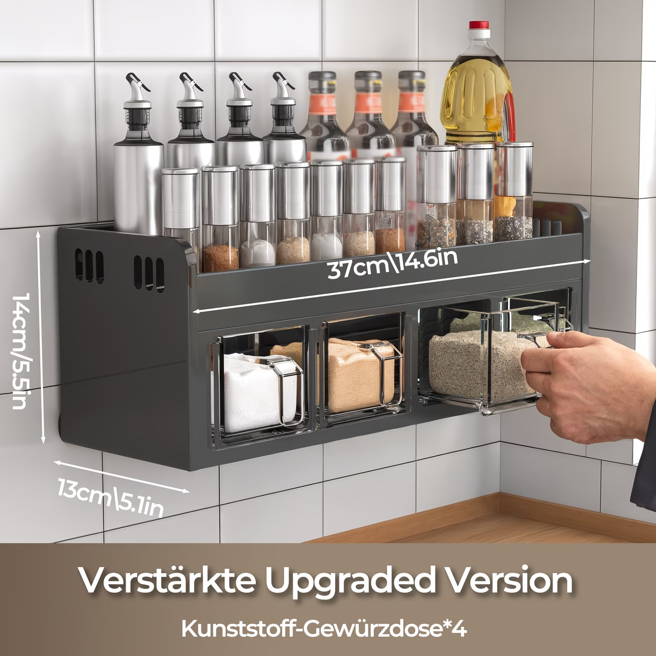 Wall-mounted stainless steel seasoning rack, multi-functional kitchen storage, black seasoning rack, matching seasoning tank