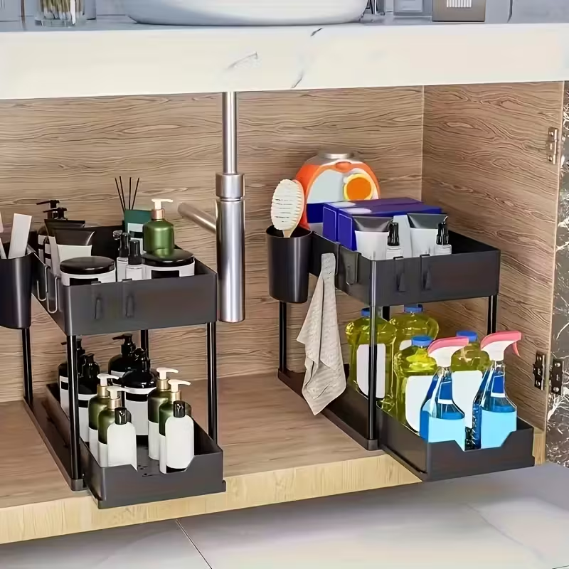 Two-piece storage rack under the sink, double-layer push-pull cabinet storage basket with Hook, multi-functional bathroom, storage rack under the kitchen sink
