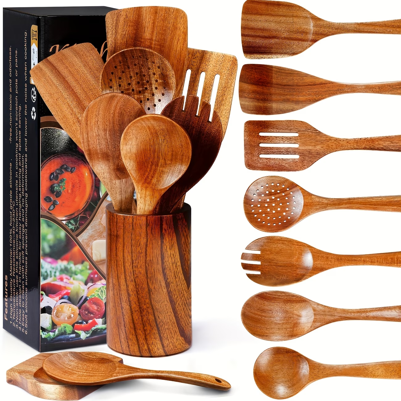 Teak kitchenware 9-piece set with storage base, wooden spatula, soup spoon, pasta, meal spoon, filter spoon, wooden spoon; Full set of wooden cooking kitchenware set