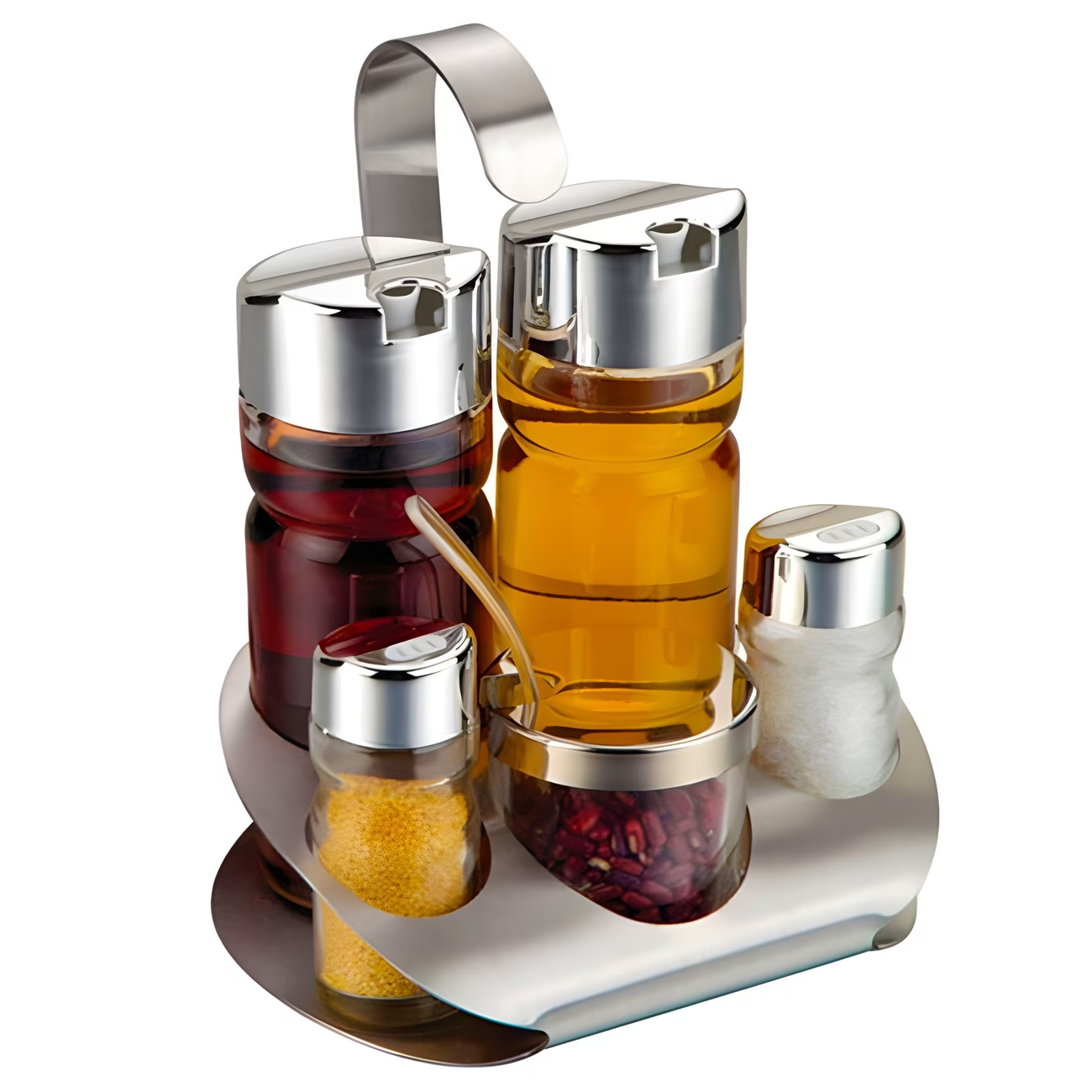 Stainless steel five-piece seasoning set-Salt Pepper bottle, oil and vinegar bottle, Chili/mustard glass jar