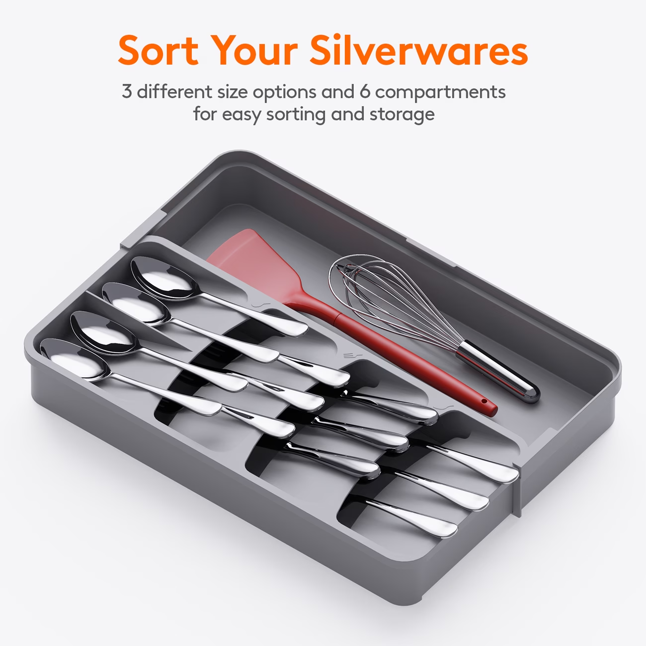 Gray tableware storage tray, small kitchen drawer tableware tray, pull-out grid tray, adjustable plastic storage box, storage spoon, fork, knife