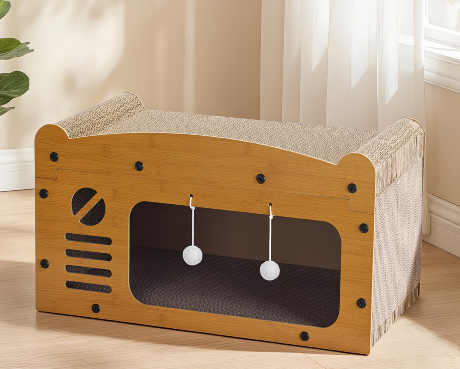 Large cat scratching post with a hanging toy and a cozy mat—crafted from durable cardboard and featuring a multi-level design, suitable for cats of all sizes. It can serve as a scratching post for cats and also as a decorative element for their resting area; its construction is exceptionally sturdy.