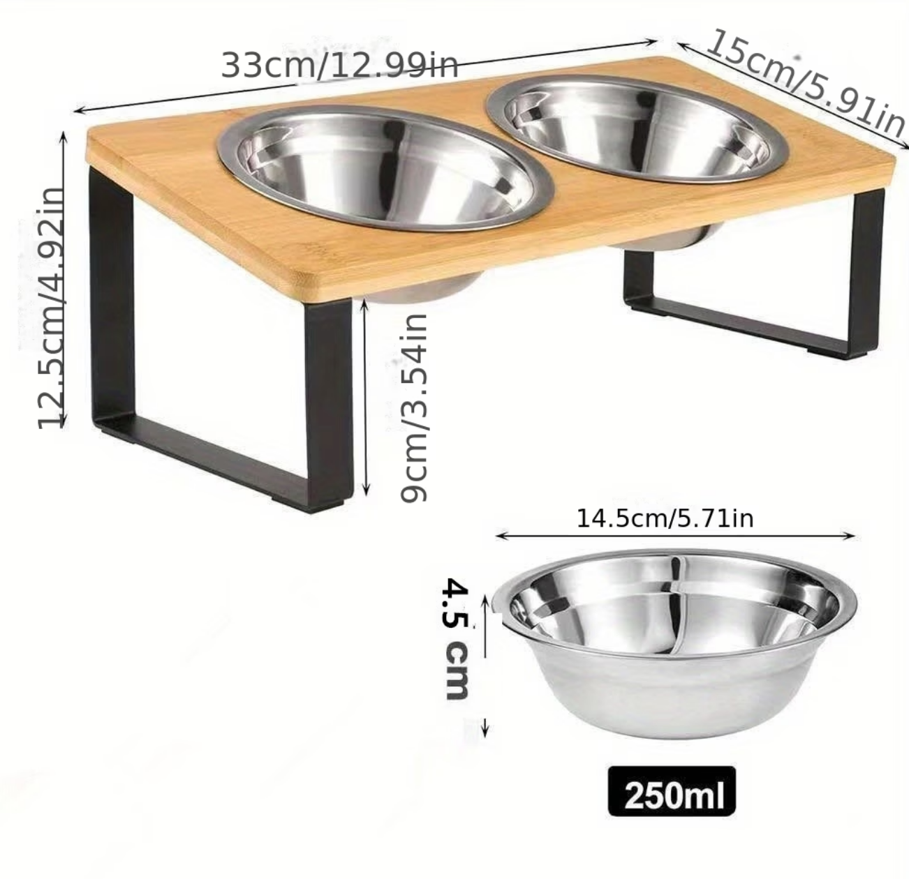 Elevated cat bowl, 15 ° tilt elevated cat food bowl, wooden pet bowl with bracket, anti-vomiting, including 2 stainless steel bowls, suitable for cats and puppies