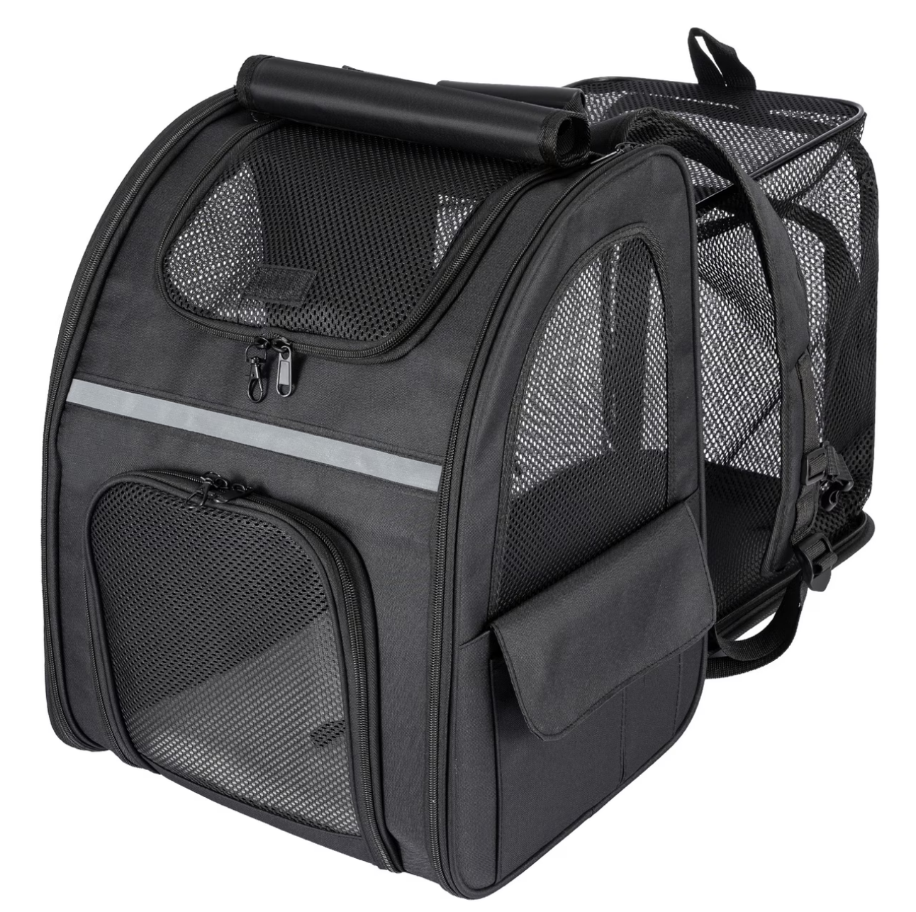Expandable pet backpack for cats and dogs, featuring padded, breathable design—ideal for carrying medium-sized dogs while traveling, hiking, or enjoying the outdoors.