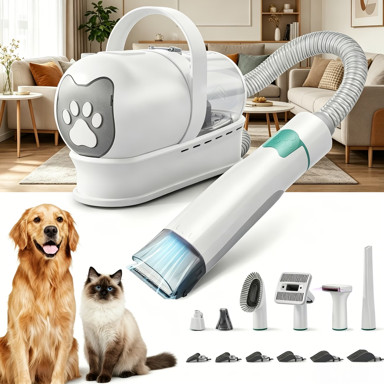 Multi‑functional pet grooming tools: cat hair‑removal vacuum, pet grooming scissors with edge‑trimming suction, nail trimmer, and a seven‑in‑one pet grooming kit.