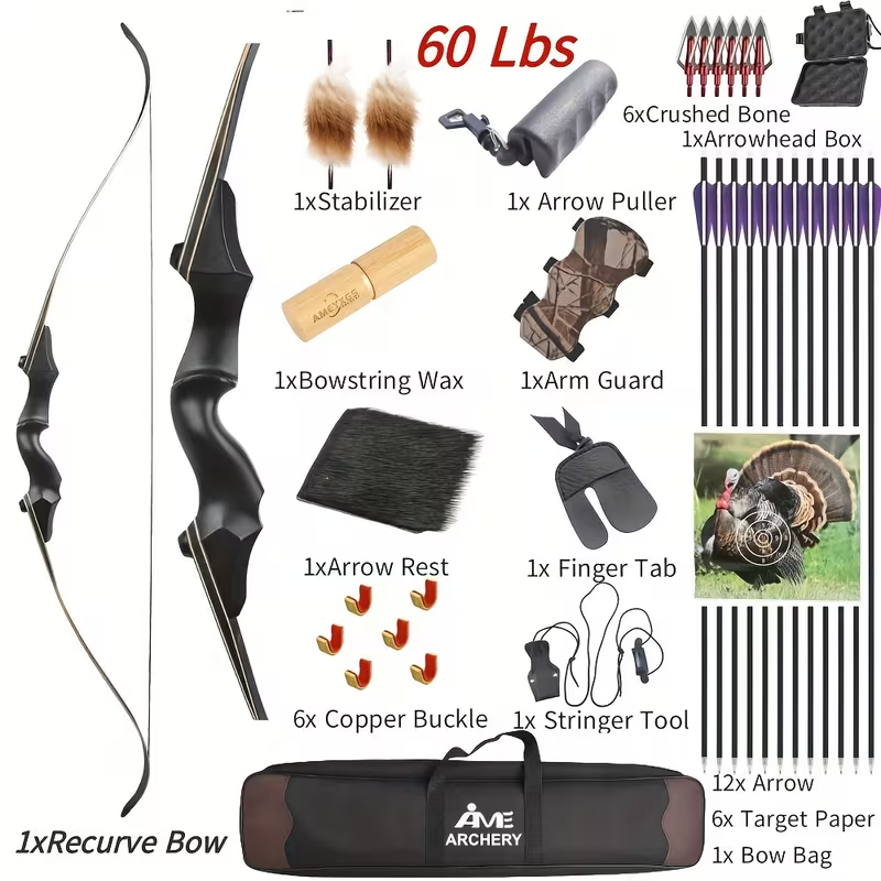 1 Set Recurve Bow Set 24.95 KG/27.22 KG Detachable Bow And Arrow Set for Adults High Strength, Lightweight, Durable, Easy to Carry And Maintain, Suitable for Target Shooting And Archery Practice Activities.
