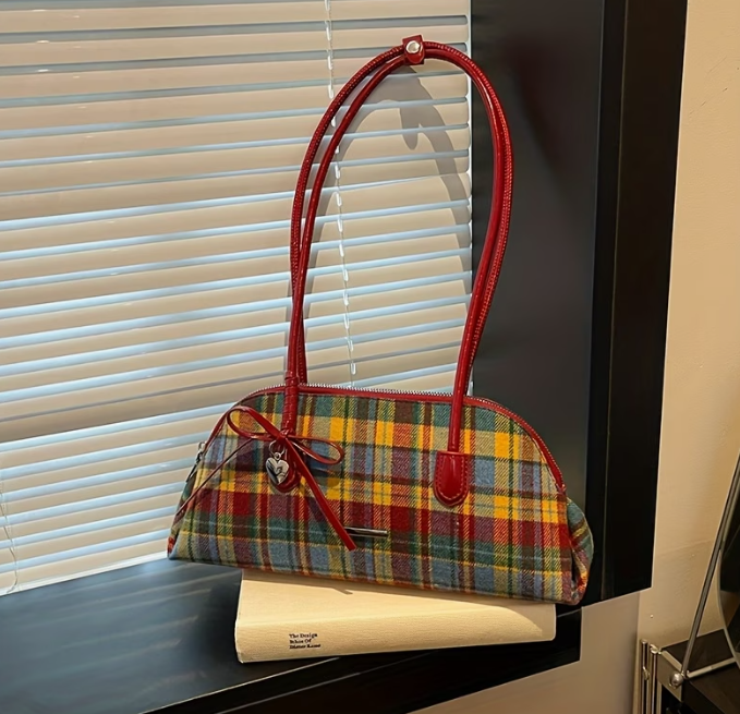Retro color plaid bow stick underarm bag
