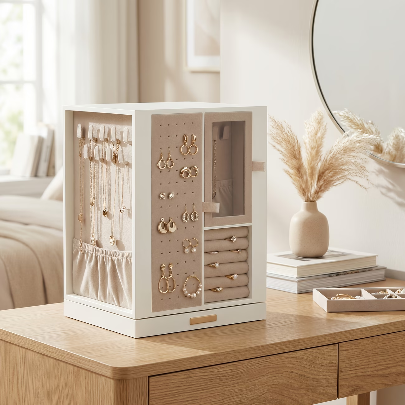 360 ° rotating jewelry box, 4 drawer design, soft flocking inside, holding necklace, bracelet, ring, earrings