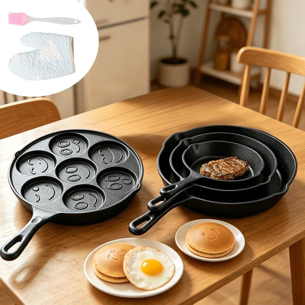 4-piece set of cast iron frying pan multi-functional cast iron pan, suitable for frying steak and eggs