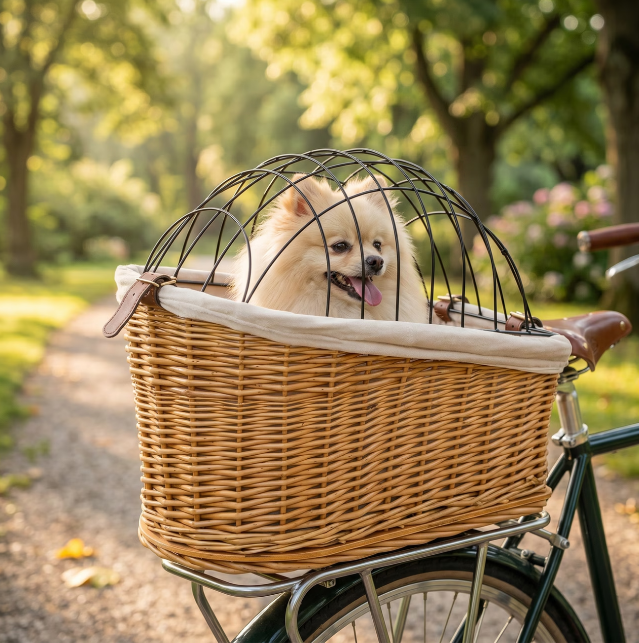 Bicycle dog basket, hand-woven with padded lining, bicycle handlebar basket suitable for cats and dogs, light brown