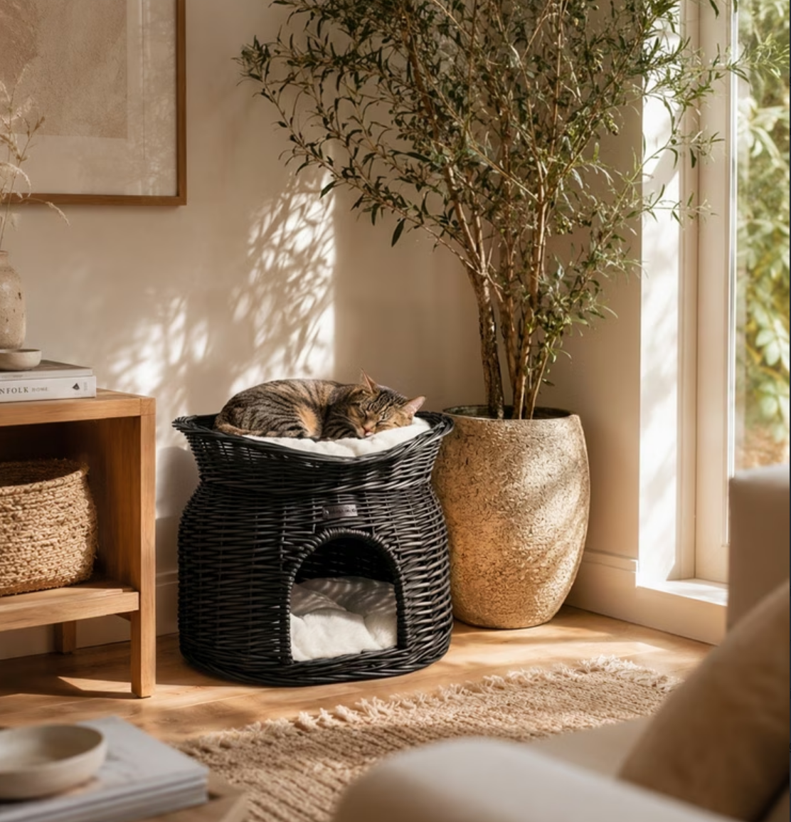 Bellviona Woven Cat Basket, with a cave-style design and lid, suitable for cats, small dogs, and puppies, comes with two soft cushions, hand-woven from natural materials.