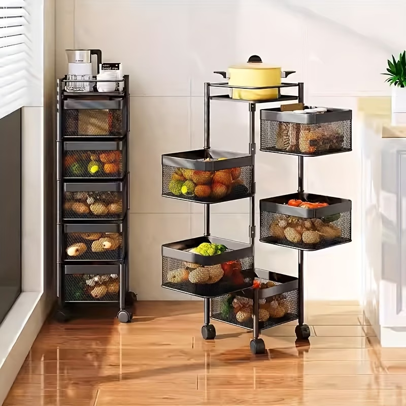 Kitchen Storage Cart, five-layer rotatable wheeled storage rack, kitchen fruit and vegetable storage basket, hollow mesh large capacity storage rack