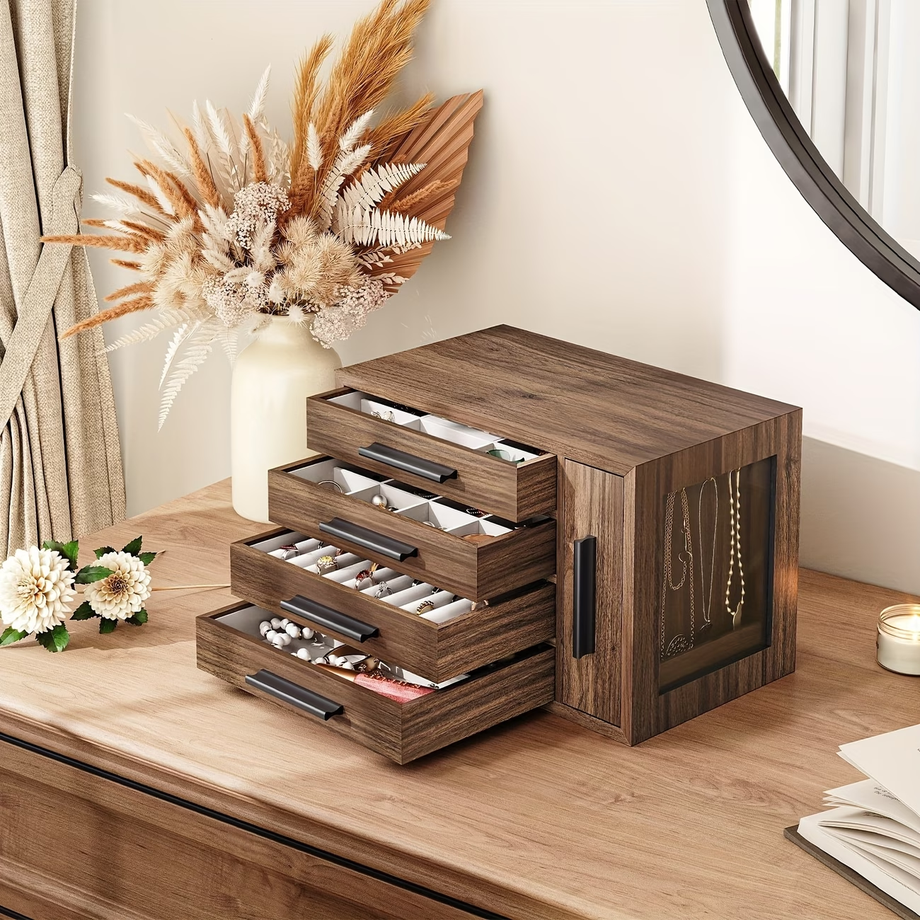 Wooden jewelry box, four-layer wooden jewelry storage box, with transparent windows, can store earrings, necklaces, rings and other accessories