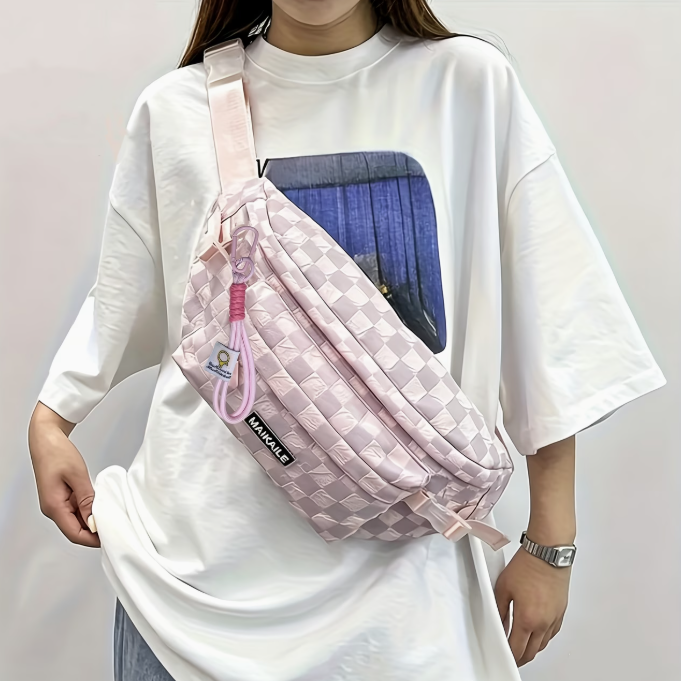 少女风格纹防水尼龙斜挎腰包