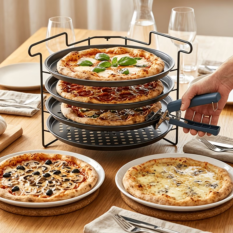 Pizza rack 4 11-inch punching pizza plates with 1 bowl-taking clip, 4 non-stick round pizza baking pans, including folding bracket and dish-taking clip