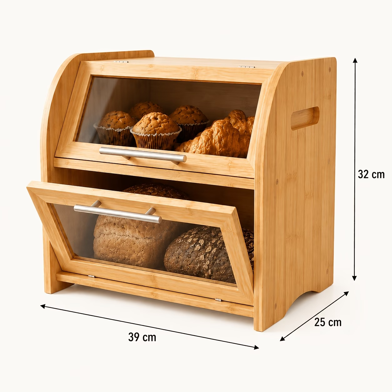 Bread Storage Box (Natural Bamboo), Double-Layer Space-Saving Bread Container with a Transparent Viewing Window