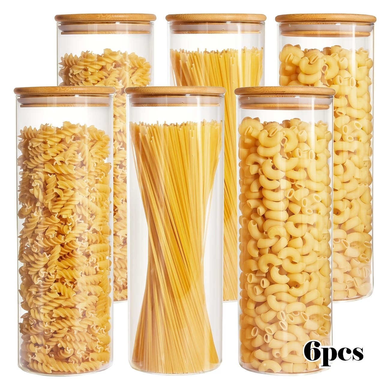 6 件套高硼硅玻璃储物罐，厨房食品密封罐，竹盖密封瓶，透明可视