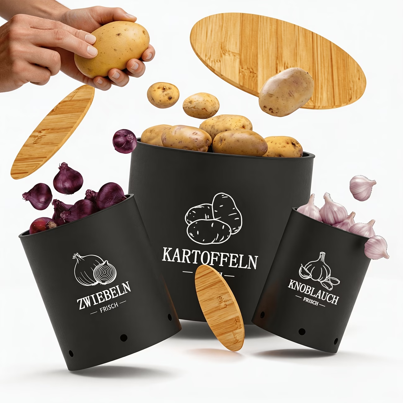 3-piece set of potato storage tank, retro design potato, onion, garlic storage container, kitchen food storage box