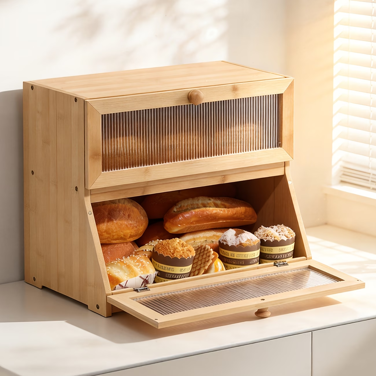 Flip bamboo bread storage box: double-layer large capacity, easy to install