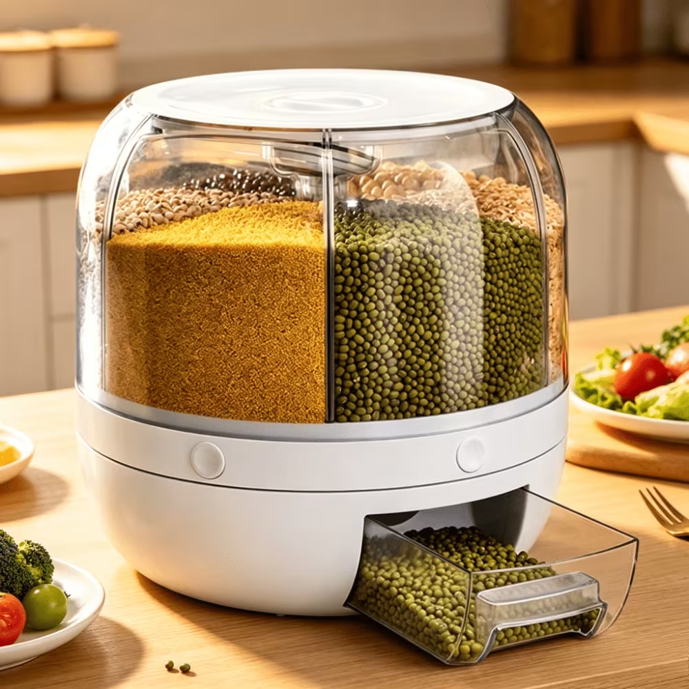 Six-grid rotary grain sealed rice storage bucket: Rotary separation independent storage