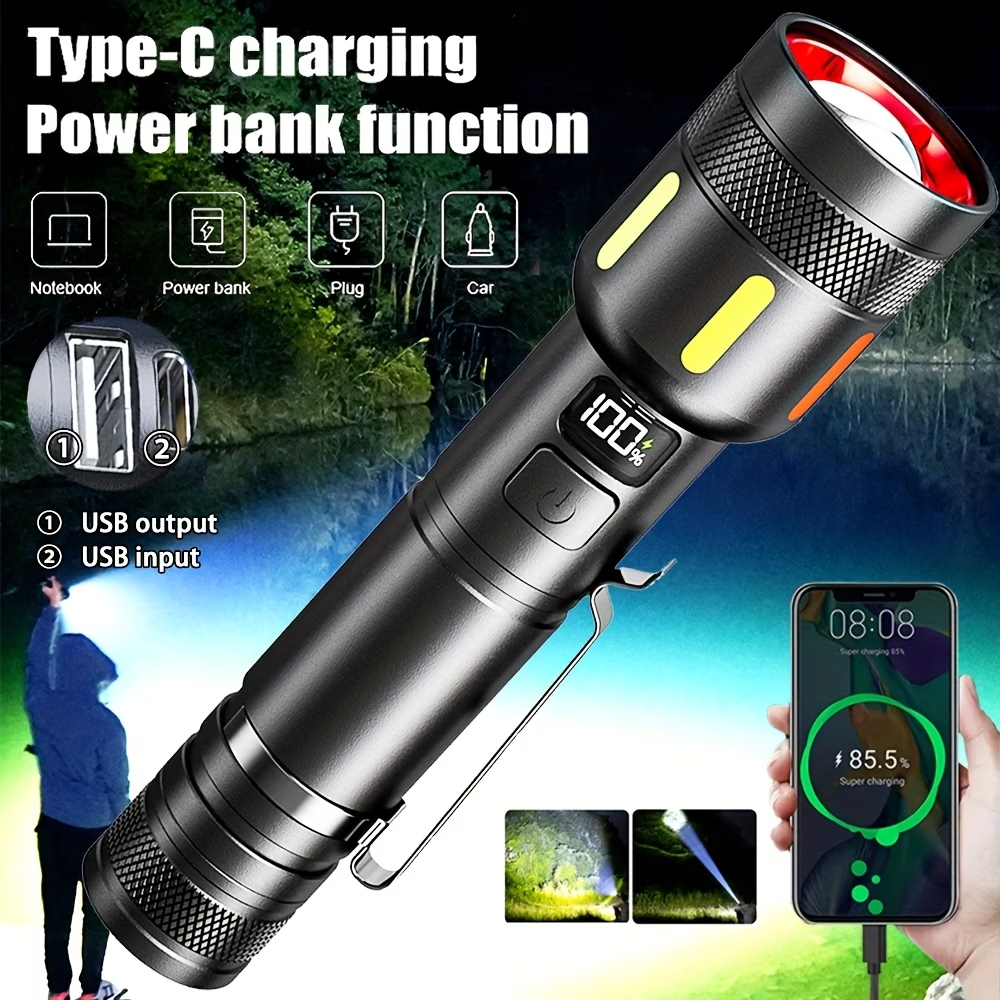 1 个装可充电 LED 战术强光手电筒，4 种照明模式，可调焦；铝合金手持家用手电，电池续航持久，适用于露营、徒步、跑步、钓鱼。