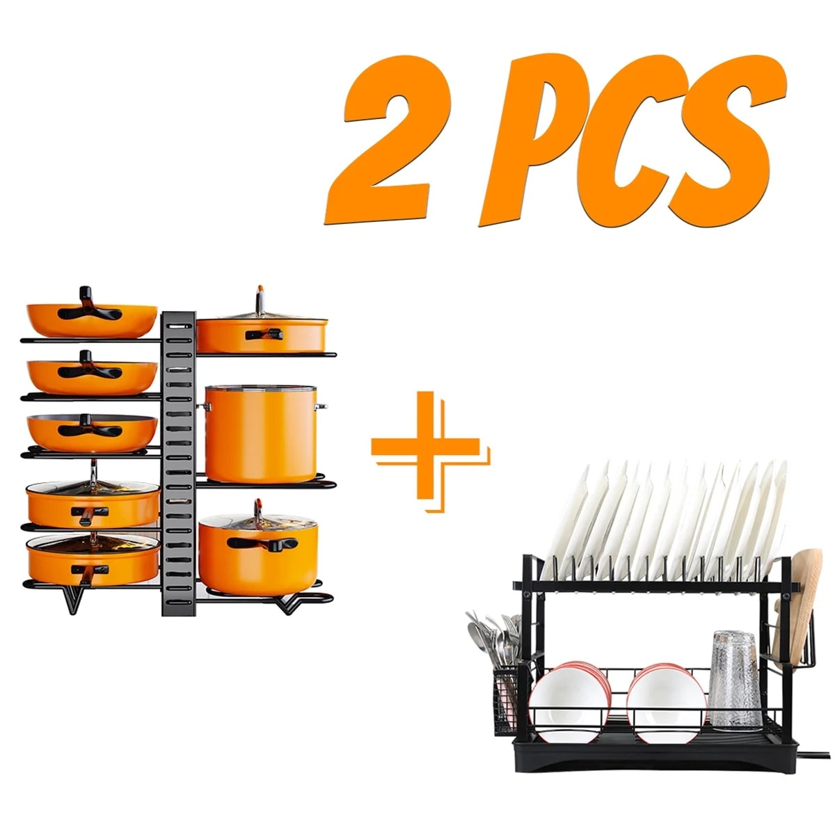 Dish Drying Rack with Pot Organizer Rack, 2 Piece Set, 8 Tiers Pots and Pans Organizer and Dish Racks for Kitchen Counter