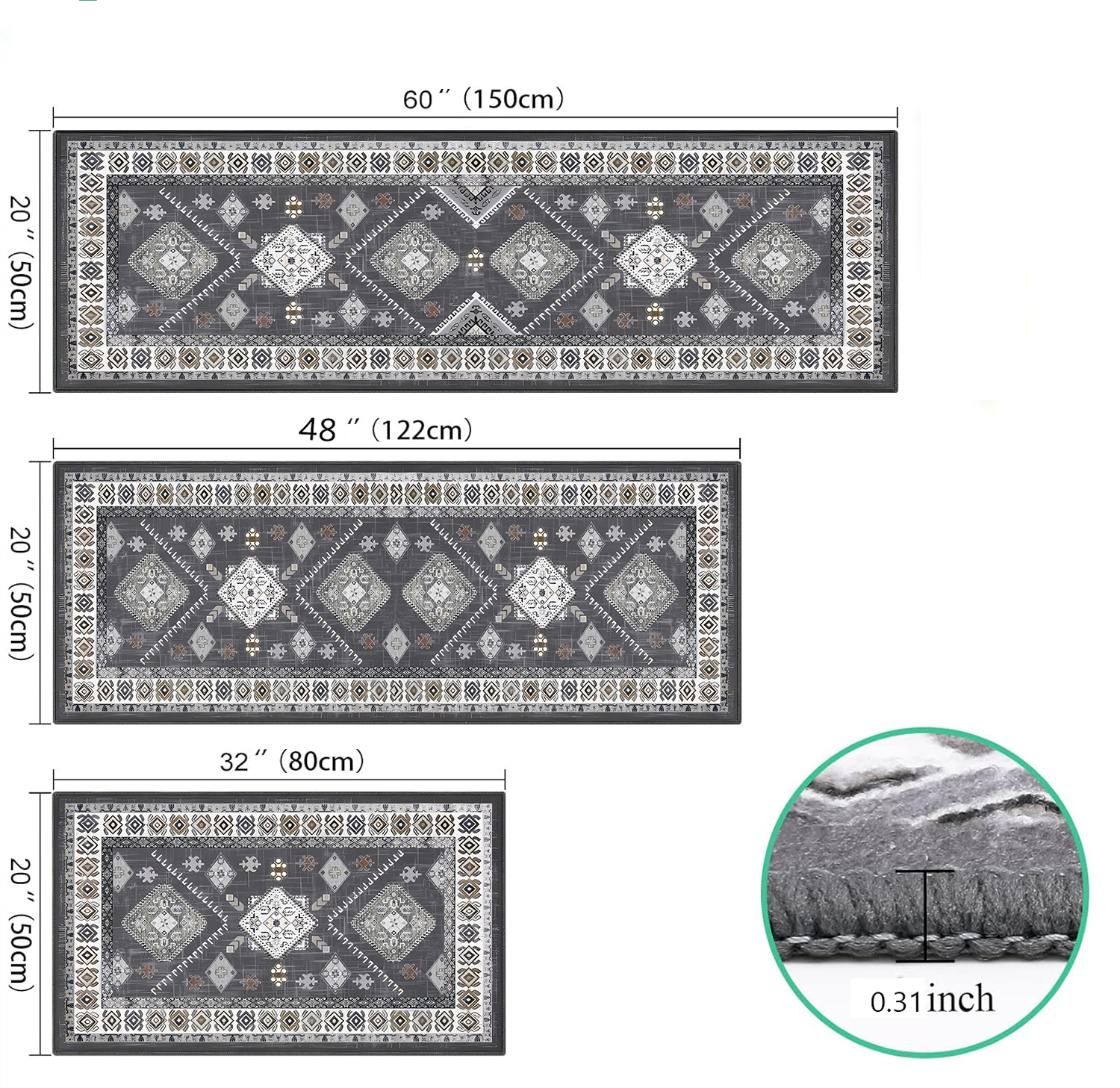 3 Piece Washable Kitchen Rugs Non-Slip, Boho Kitchen Mats Set for Floor, Foldable, Thickened, and Plush Soft, Easy to Clean