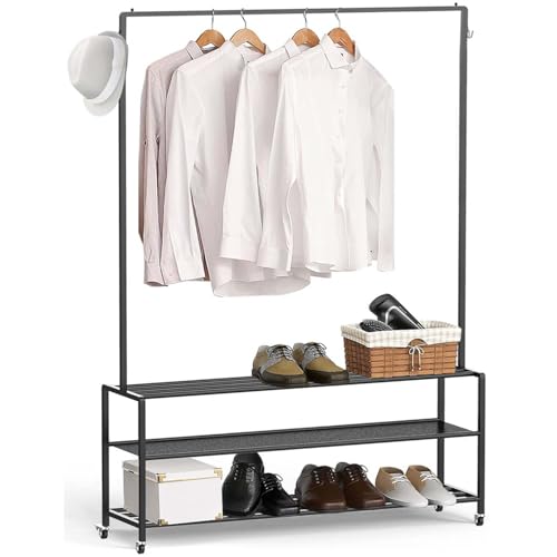 Arara de Roupas,Arara de Roupas Cabideiro,Cabideiro para Roupas com Duplo Organizador Sapateira,Cabideiro de Chão com Rodízios e Ganchos,Portátil, Multifuncional, Preto, 108 * 28 * 160CM
