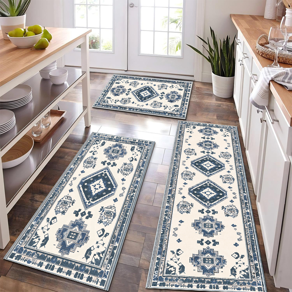 Blue and white retro ethnic style kitchen carpet three-piece set niche artistic texture infuses retro ritual feeling for kitchen space non-slip easy-to-clean and also produces a piece of cashmere-like washed bottom