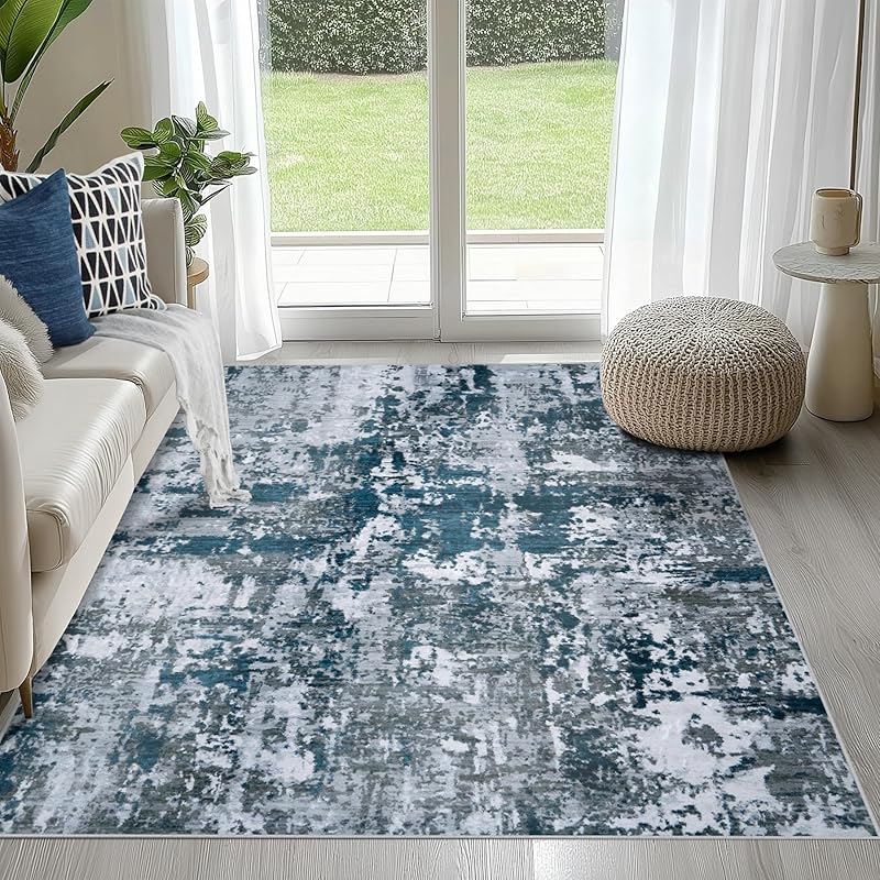 Abstract Area Rugs for Living Room Washable Non Slip Low Pile Gray Rugs for Bedroom Dining Room Foldable