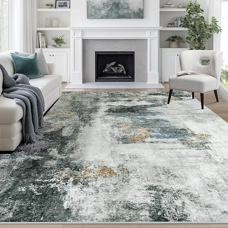 Abstract Area Rugs for Living Room Washable Non Slip Low Pile Gray Rugs for Bedroom Dining Room Foldable