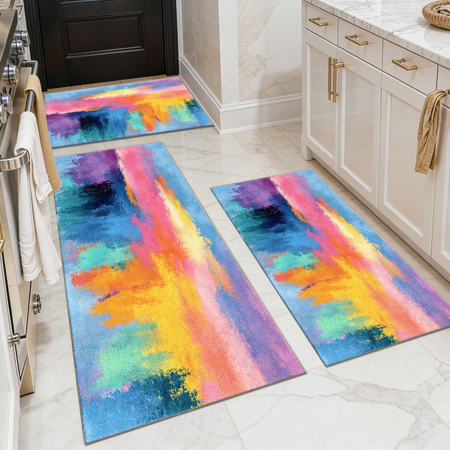 Three-piece kitchen rug set, non-slip and washable, abstract pattern kitchen hallway rug, soft and comfortable, suitable for sinks, floors, entrances, hallways and bathrooms.