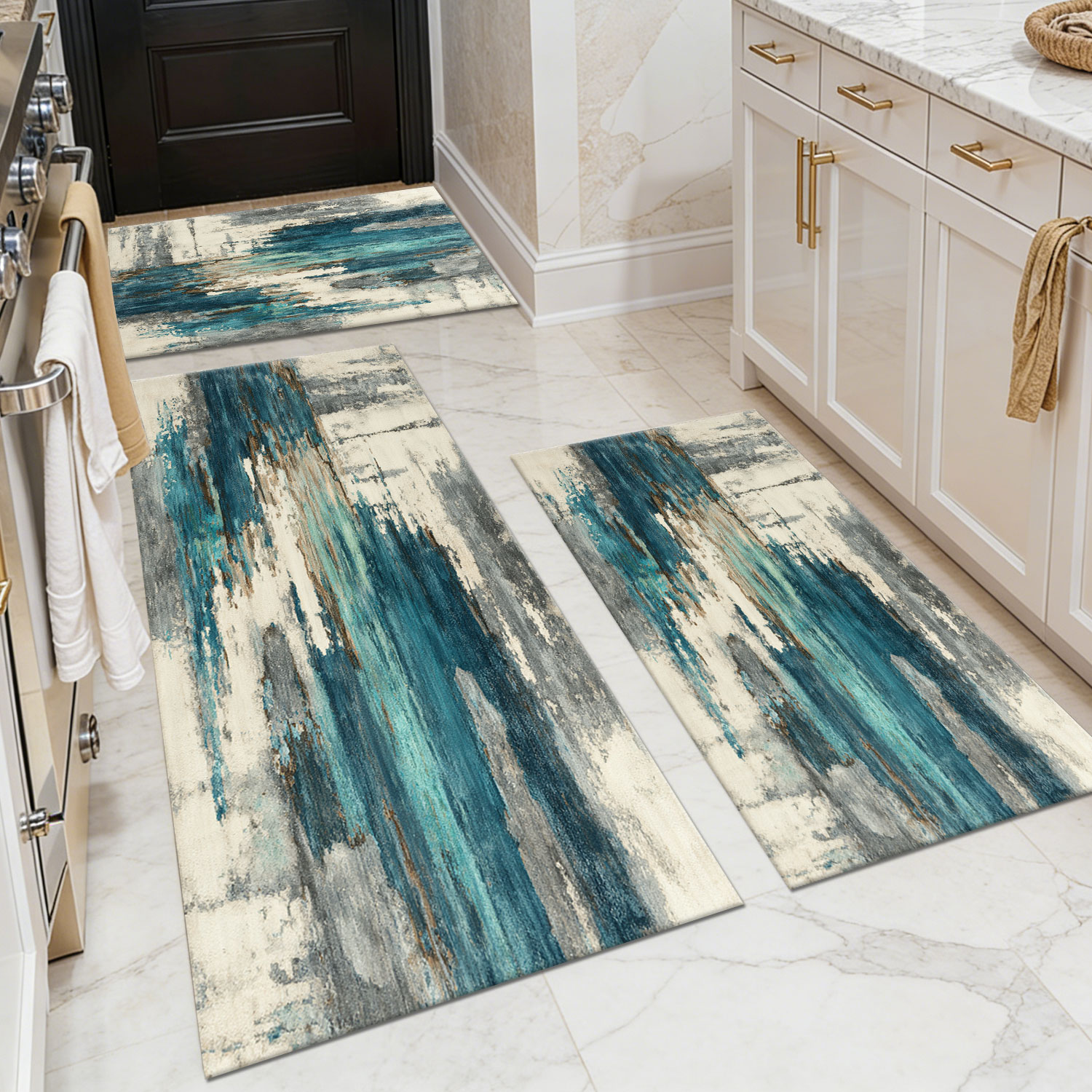 Three-piece kitchen rug set, non-slip and washable, abstract pattern kitchen hallway rug, soft and comfortable, suitable for sinks, floors, entrances, hallways and bathrooms.