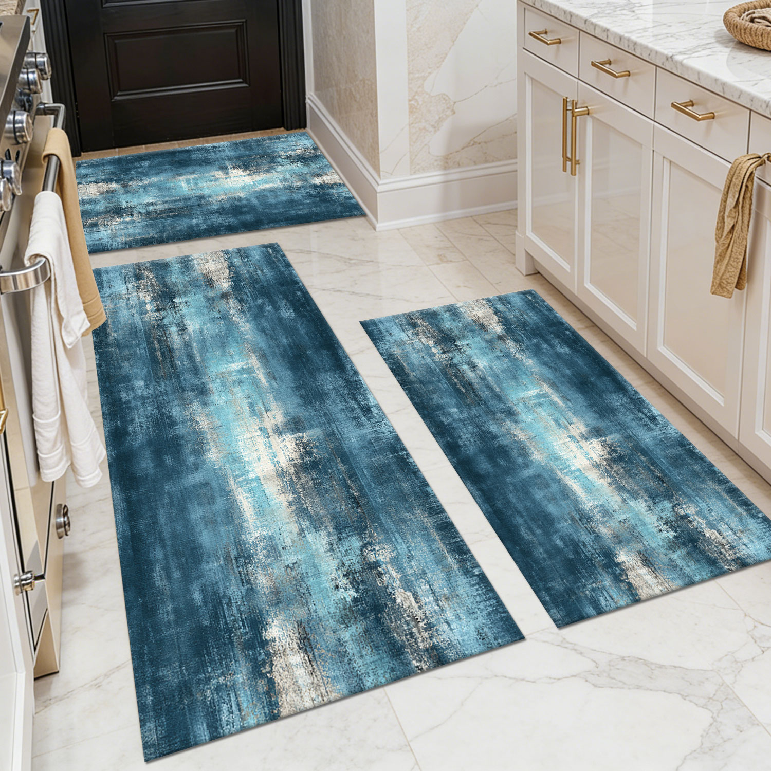 Three-piece kitchen rug set, non-slip and washable, abstract pattern kitchen hallway rug, soft and comfortable, suitable for sinks, floors, entrances, hallways and bathrooms.