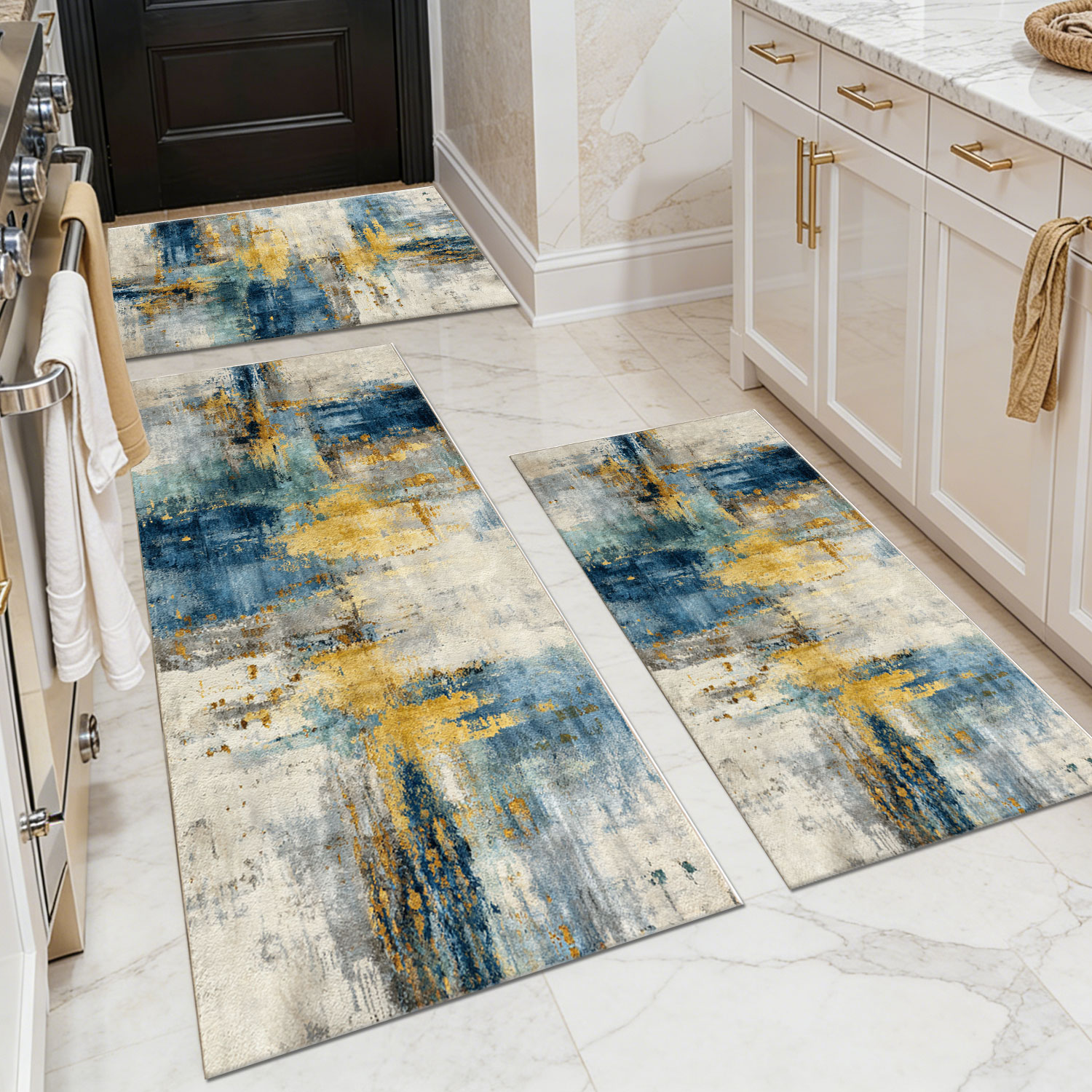 Three-piece kitchen rug set, non-slip and washable, abstract pattern kitchen hallway rug, soft and comfortable, suitable for sinks, floors, entrances, hallways and bathrooms.