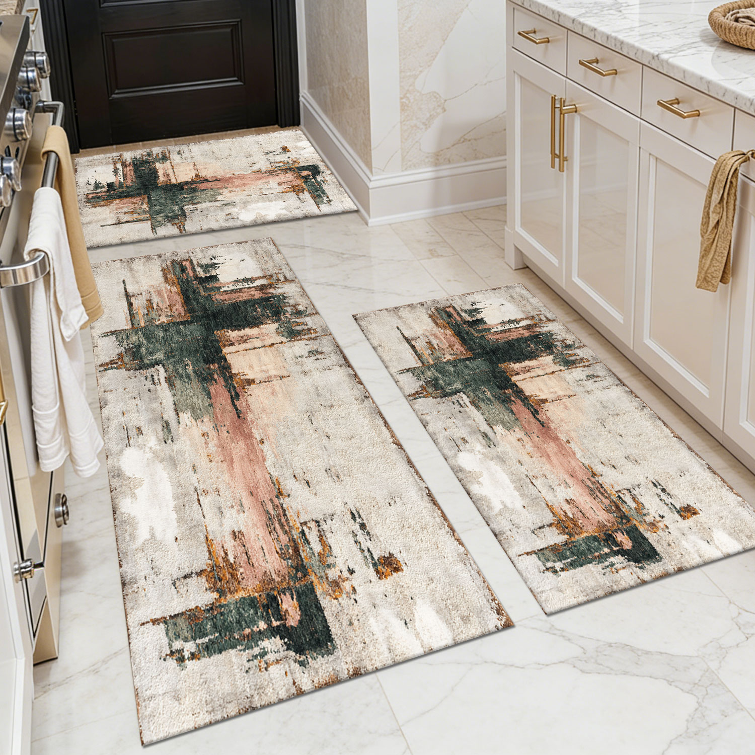 Three-piece kitchen rug set, non-slip and washable, abstract pattern kitchen hallway rug, soft and comfortable, suitable for sinks, floors, entrances, hallways and bathrooms.