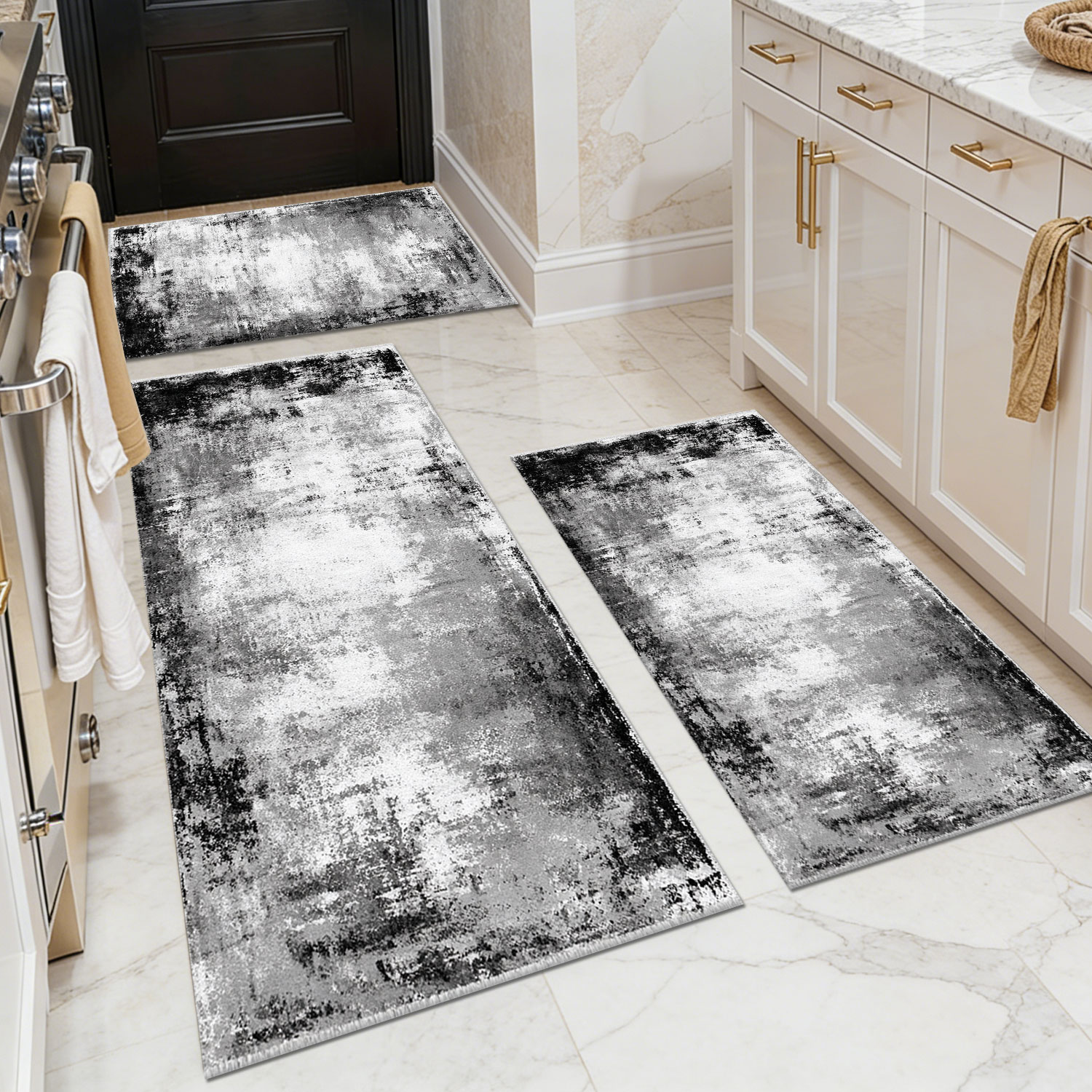 Three-piece kitchen rug set, non-slip and washable, abstract pattern kitchen hallway rug, soft and comfortable, suitable for sinks, floors, entrances, hallways and bathrooms.