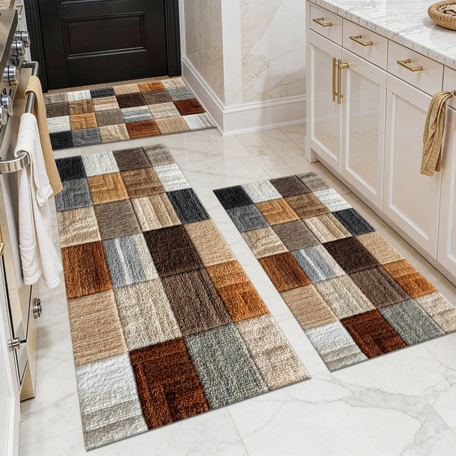 Three-piece kitchen rug set, non-slip and washable, abstract pattern kitchen hallway rug, soft and comfortable, suitable for sinks, floors, entrances, hallways and bathrooms.