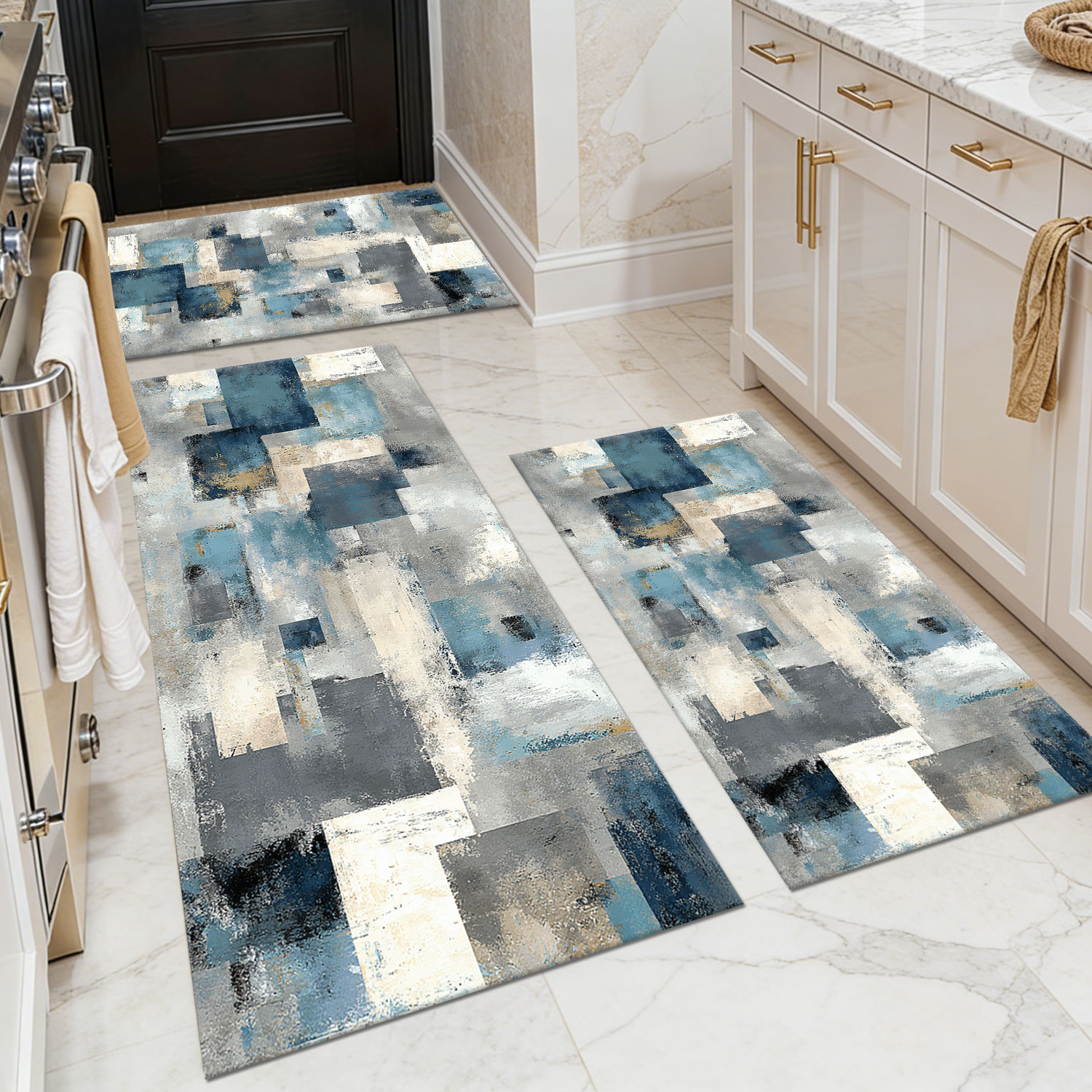 Three-piece kitchen rug set, non-slip and washable, abstract pattern kitchen hallway rug, soft and comfortable, suitable for sinks, floors, entrances, hallways and bathrooms.