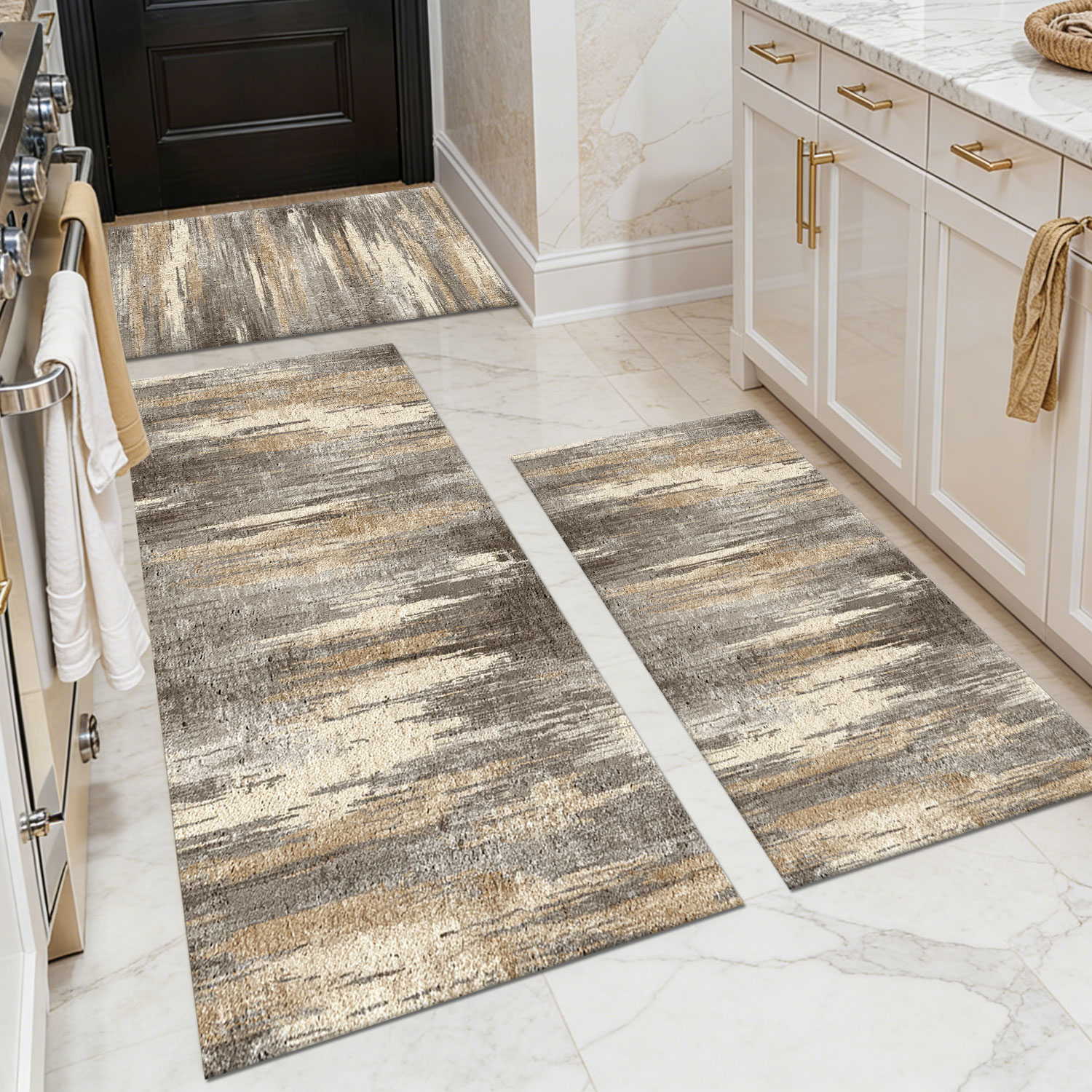 Three-piece kitchen rug set, non-slip and washable, abstract pattern kitchen hallway rug, soft and comfortable, suitable for sinks, floors, entrances, hallways and bathrooms.
