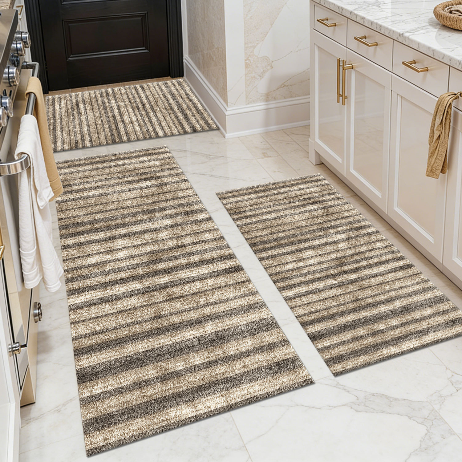 Three-piece kitchen rug set, non-slip and washable, abstract pattern kitchen hallway rug, soft and comfortable, suitable for sinks, floors, entrances, hallways and bathrooms.