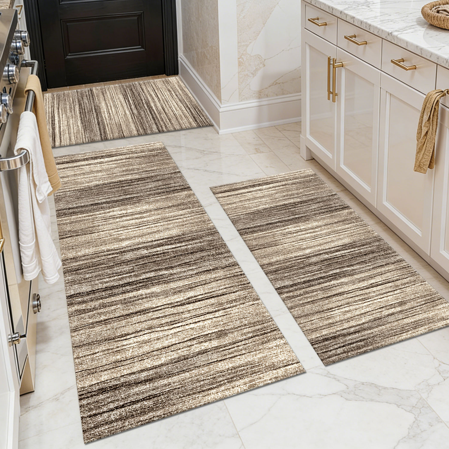 Three-piece kitchen rug set, non-slip and washable, abstract pattern kitchen hallway rug, soft and comfortable, suitable for sinks, floors, entrances, hallways and bathrooms.