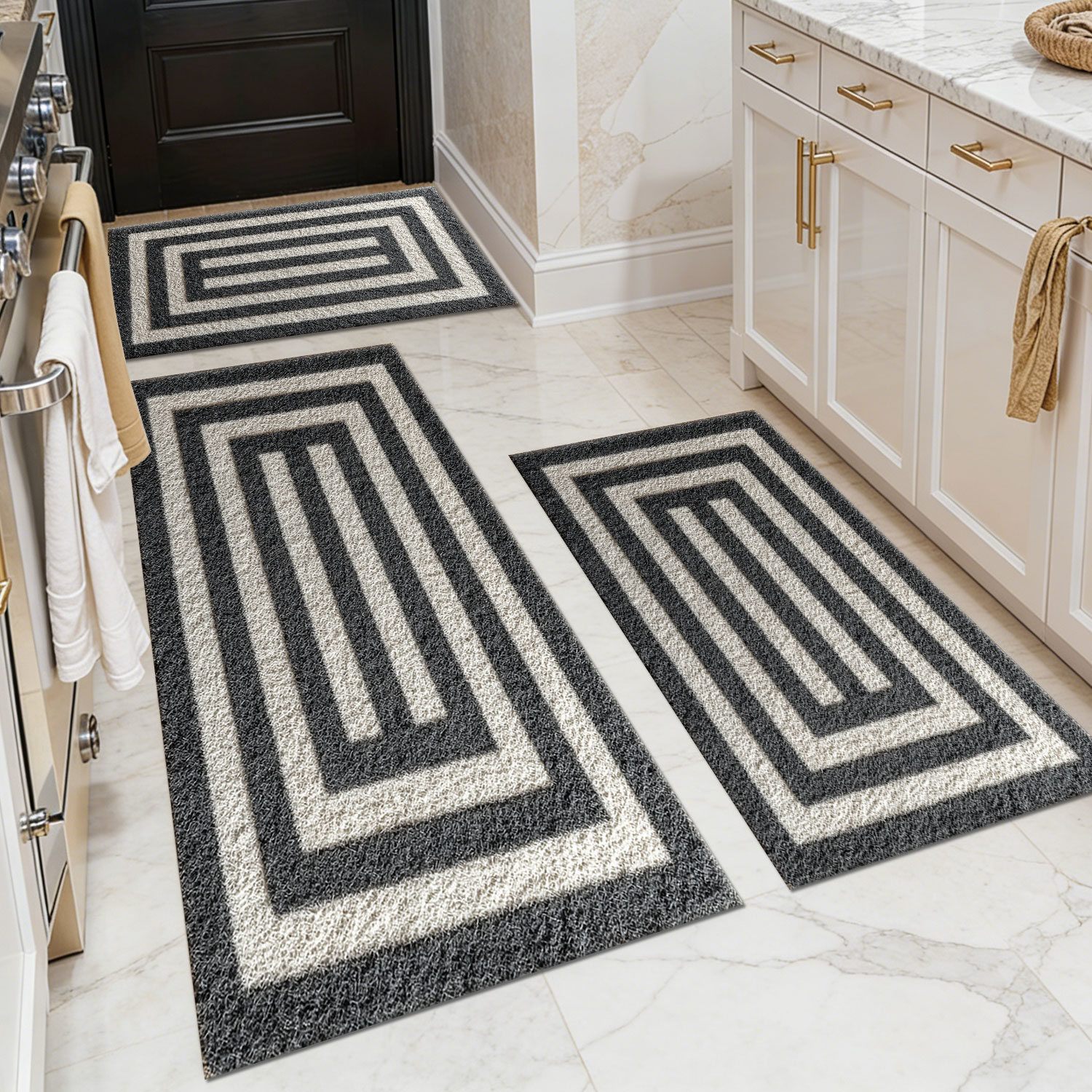 Three-piece kitchen rug set, non-slip and washable, abstract pattern kitchen hallway rug, soft and comfortable, suitable for sinks, floors, entrances, hallways and bathrooms.