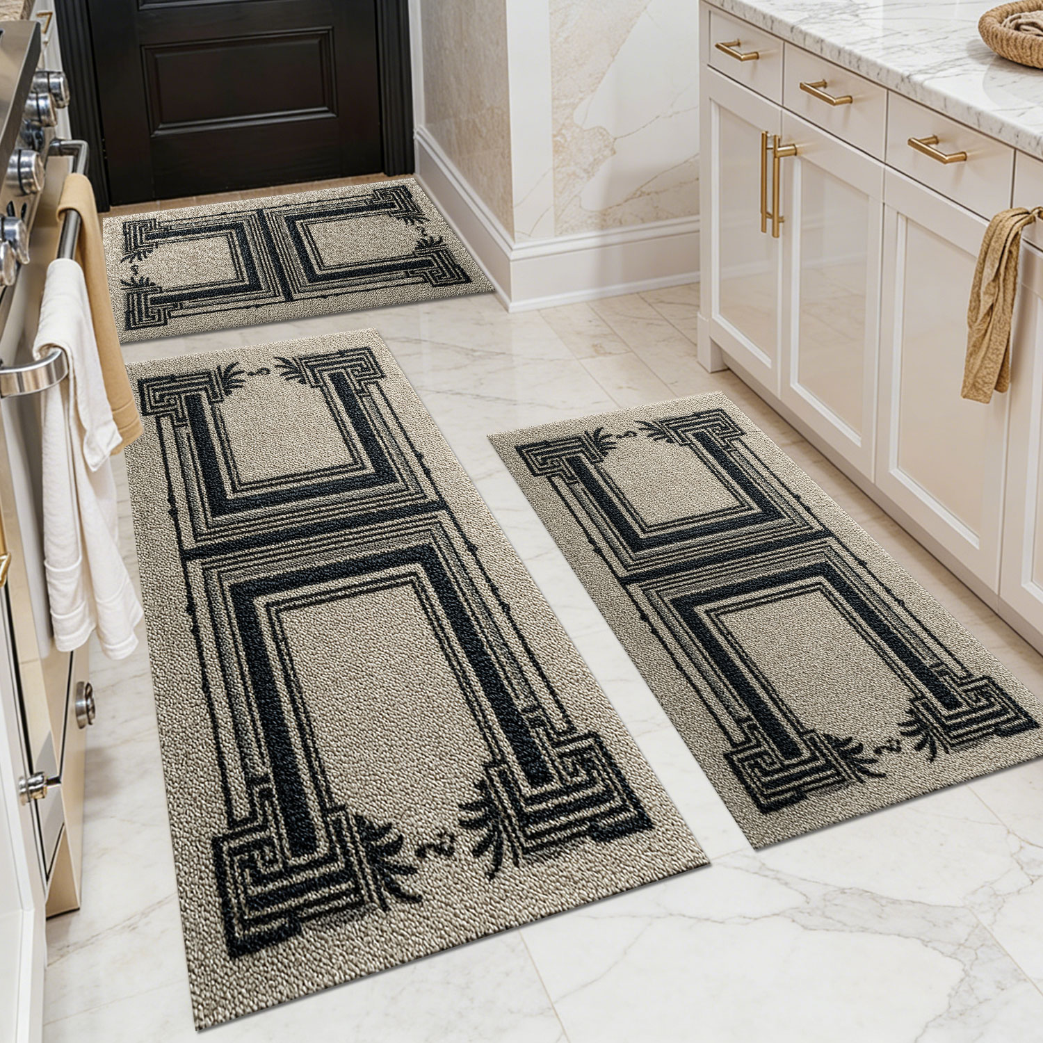 Three-piece kitchen rug set, non-slip and washable, abstract pattern kitchen hallway rug, soft and comfortable, suitable for sinks, floors, entrances, hallways and bathrooms.