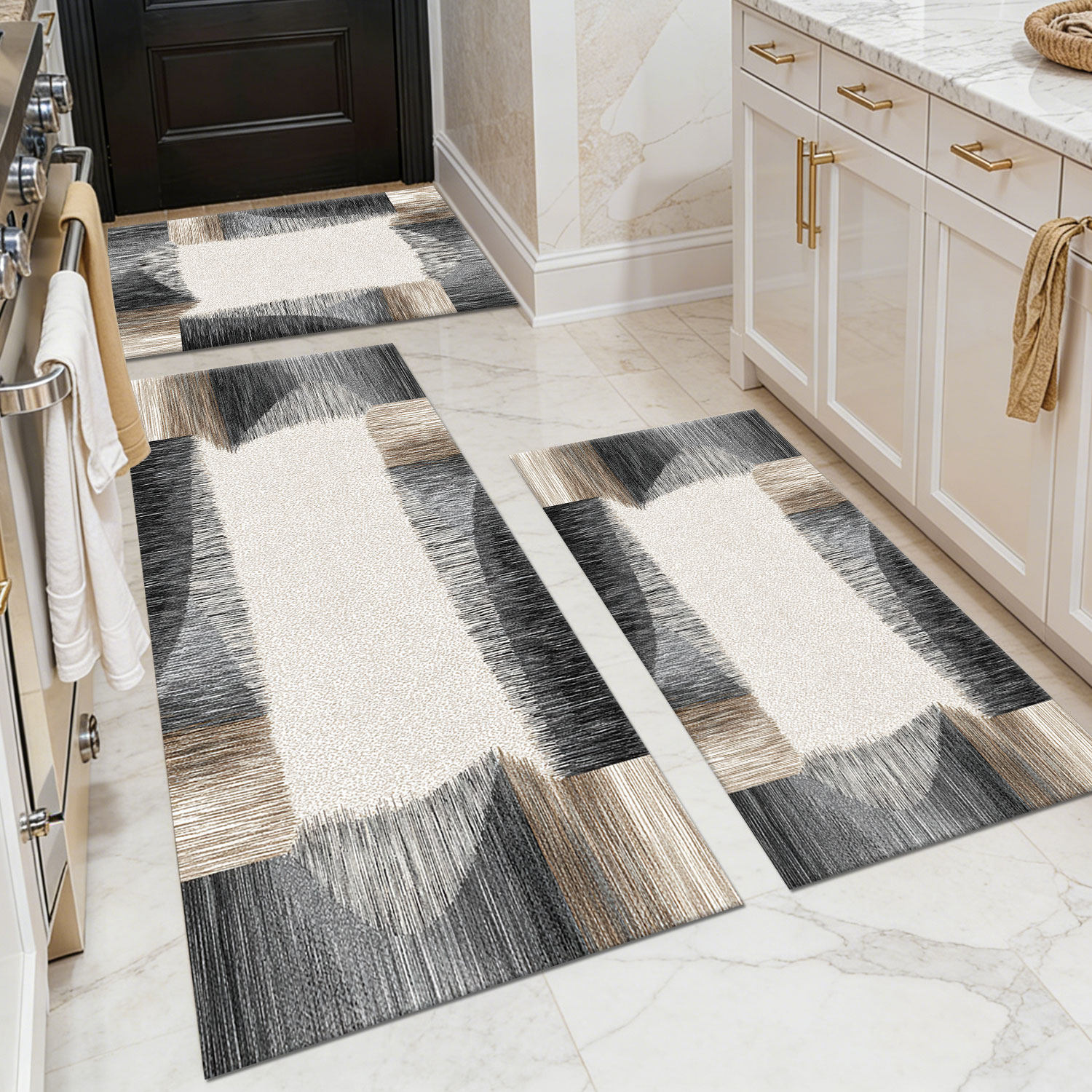 Three-piece kitchen rug set, non-slip and washable, abstract pattern kitchen hallway rug, soft and comfortable, suitable for sinks, floors, entrances, hallways and bathrooms.