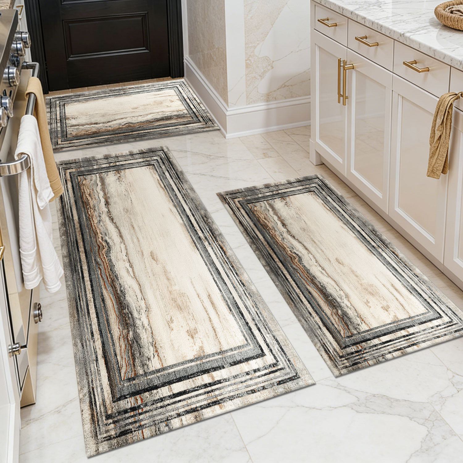 Three-piece kitchen rug set, non-slip and washable, abstract pattern kitchen hallway rug, soft and comfortable, suitable for sinks, floors, entrances, hallways and bathrooms.