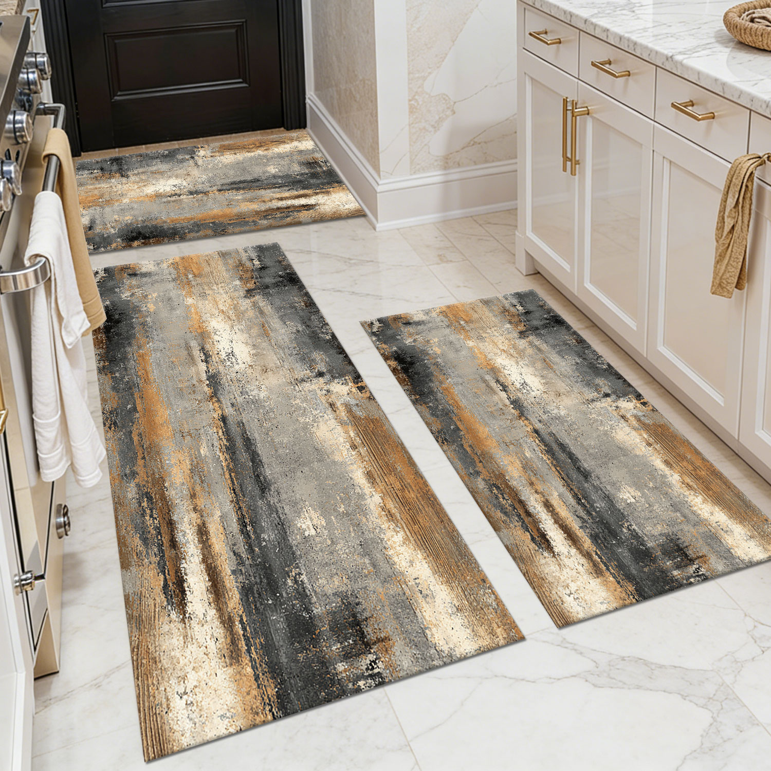Three-piece kitchen rug set, non-slip and washable, abstract pattern kitchen hallway rug, soft and comfortable, suitable for sinks, floors, entrances, hallways and bathrooms.