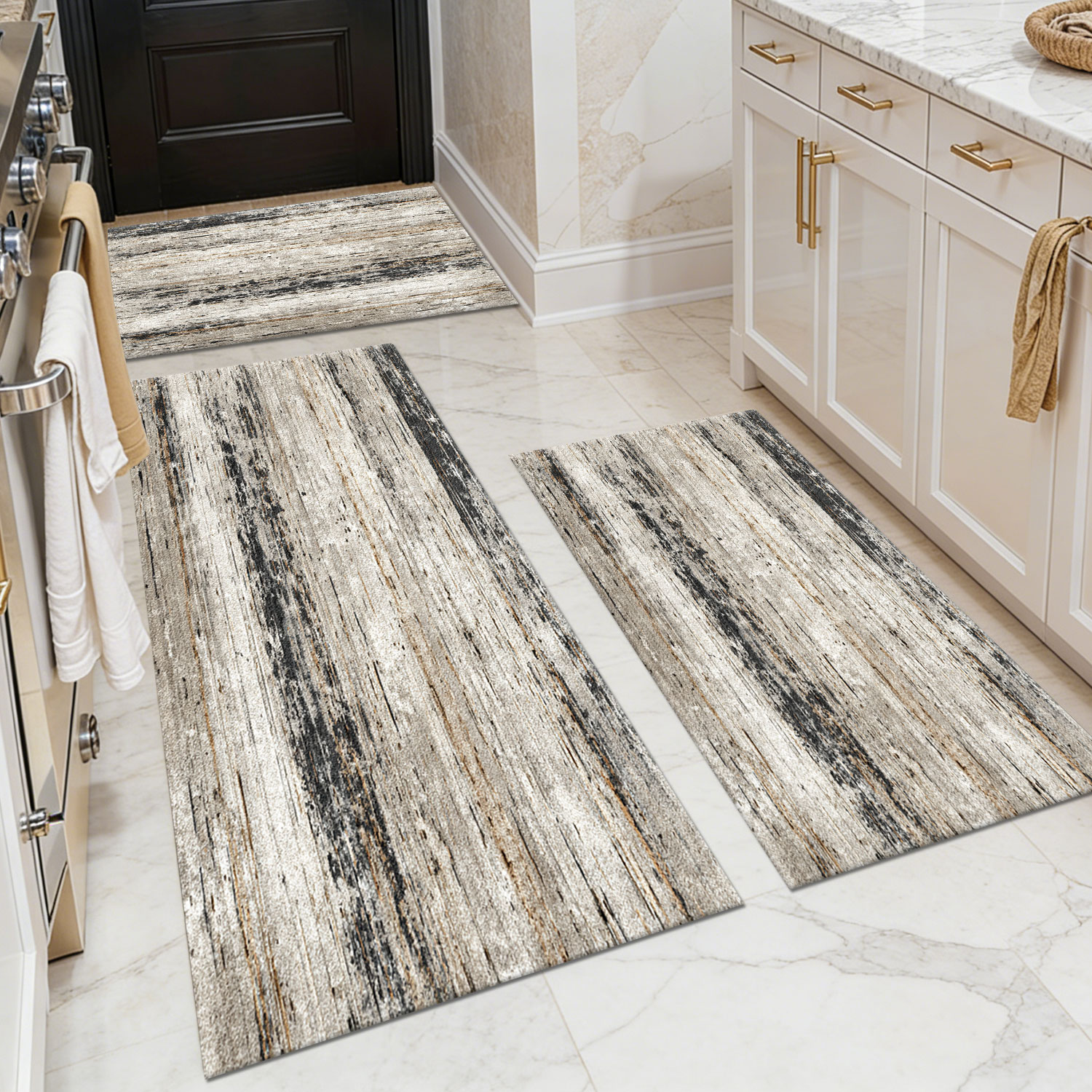 Three-piece kitchen rug set, non-slip and washable, abstract pattern kitchen hallway rug, soft and comfortable, suitable for sinks, floors, entrances, hallways and bathrooms.